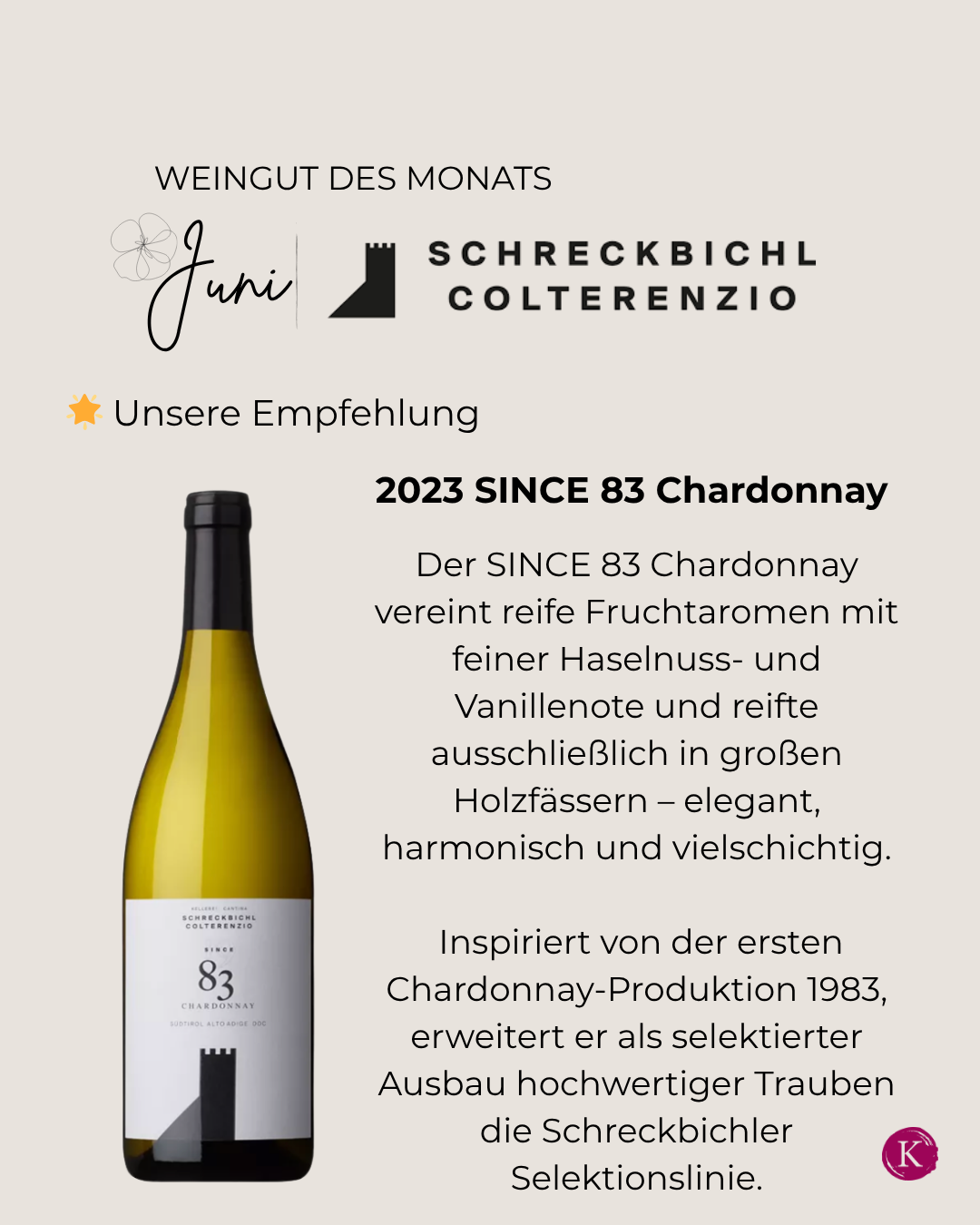 Weinflasche SINCE 83 von Weingut Schreckbichl zu sehen